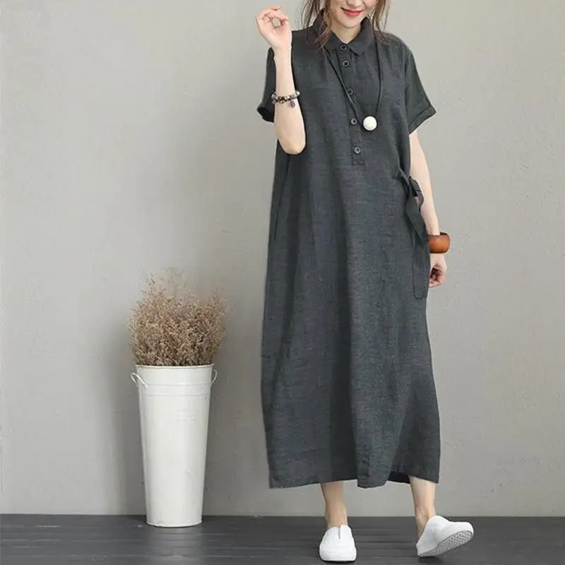 Summer Women's Midi A-Line Dress Lightweight Linen Short Sleeve Belly Covering Cotton Linen Shirt Dress Commute Fashion