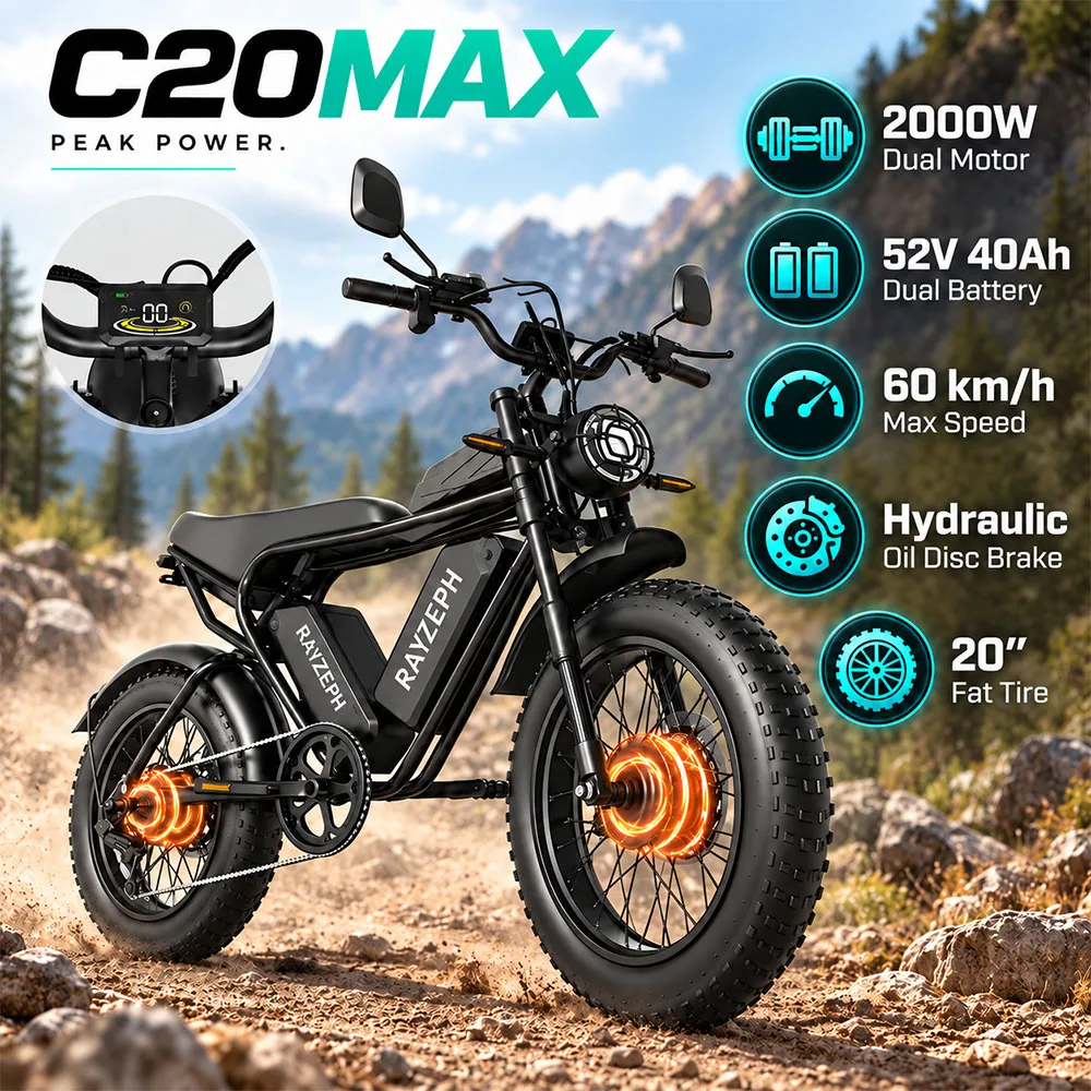 Rayzeph C20Max E-Bike 2000W Doppio Motore 52V 40Ah Doppia Batteria 180N.M Freni a Disco Idraulici Velocità 60Km/H Bici Elettrica per Adulti Pneumatici Larghi da 20 Pollici Display LCD Colorato