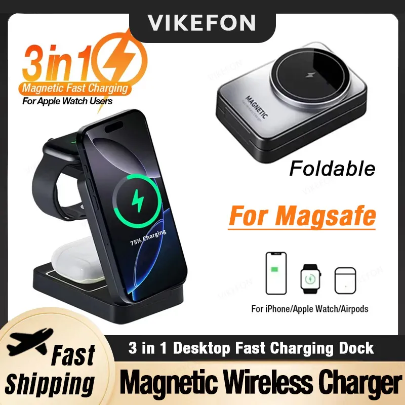 

Desktop Foldable Wireless Charger 3 in 1 Magnetic Phone Holder For Magsafe iPhone 16 15 14 13 12 Apple Watch 10-2 Fast Charging