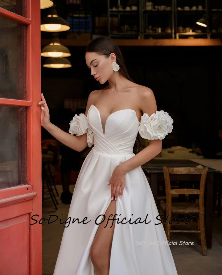 SoDigne-Cetim Vestidos De Noiva A-Line, Vestido de Noiva Boho, Split Lace Up Gown, Elegante, Querida, Moderno