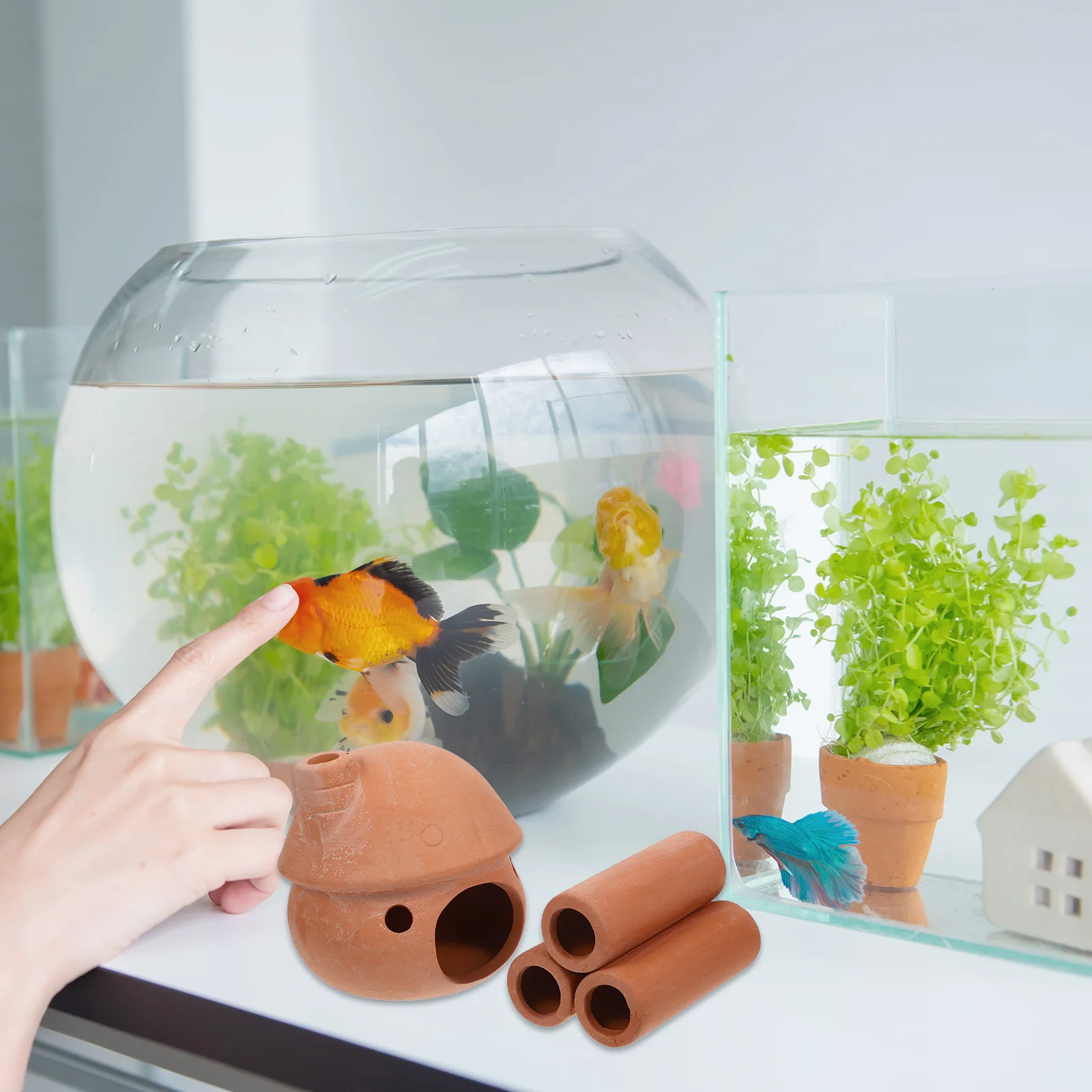 

2Pcs Fish Shrimp Hiding Cave Aquarium Decorations for Tank Landscaping Breeding House Natural Style Ornament Sturdy Pottery Clay