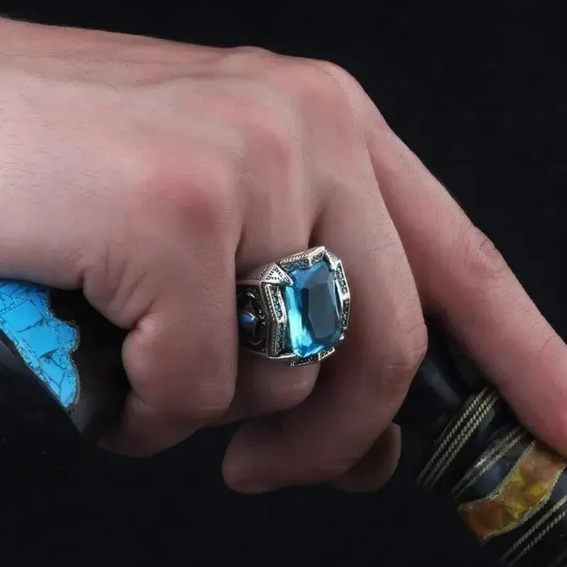 Vintage Handmade Turkish Signet Ring For Men Women Ancient Silver Color Carved Ring Red Yellow Zircon Inlay Punk Motor Biker image 6