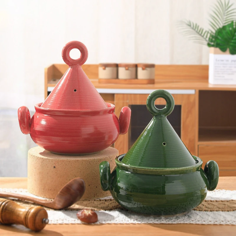 Heat Resistant Ceramic Tagine Pot Red Casserole Dish Clay Stew Pot for Moroccan Nordic Style Home Kitchen Large Cooking Set Lid