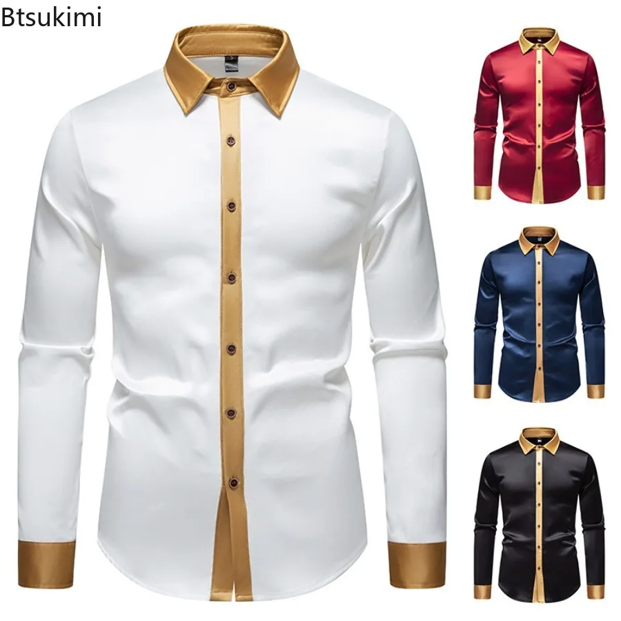Men's Satin Silky Color Block Long Sleeve Shirt Spring Autumn Male Glossy Contrast Color Shirts Fashion Casual Comfortable Tops