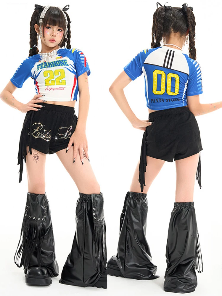 

2026 Girls Group Hip Hop Clothes Short Sleeve Top Shorts Jazz Dance Costume Kids Streetwear Team Stage Performance Wear DN23493