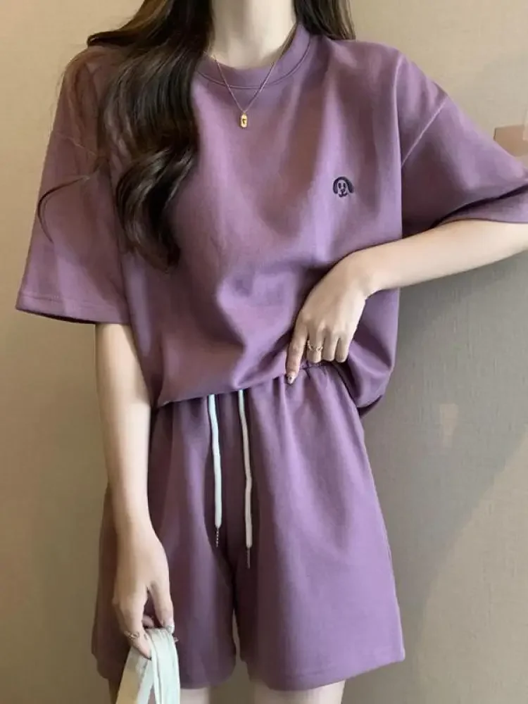 Conjuntos deportivos informales de manga corta para mujer, camiseta holgada con cuello redondo estampada, pantalones cortos de pierna ancha, chándal, conjunto de 2 piezas para mujer