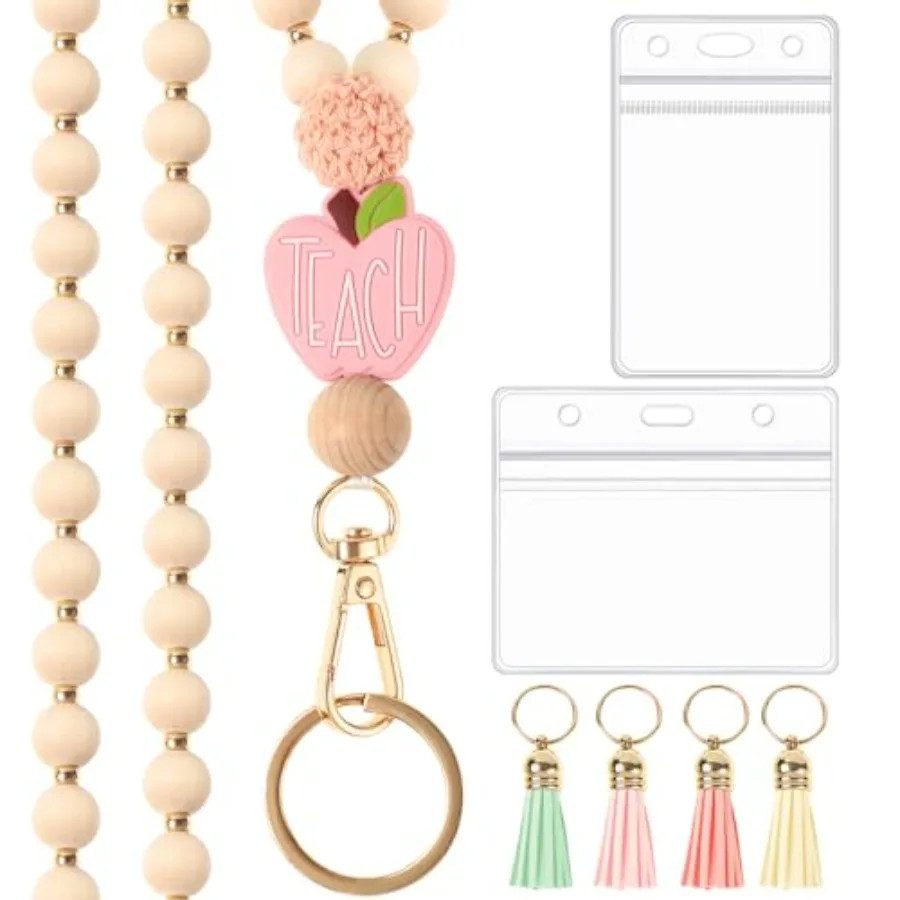 Teacher Gifts Lanyard with ID Holder, Wooden Lanyard Boho Tassel Natural Wood And Silicone Beads, Lightweight Breakaway Design,