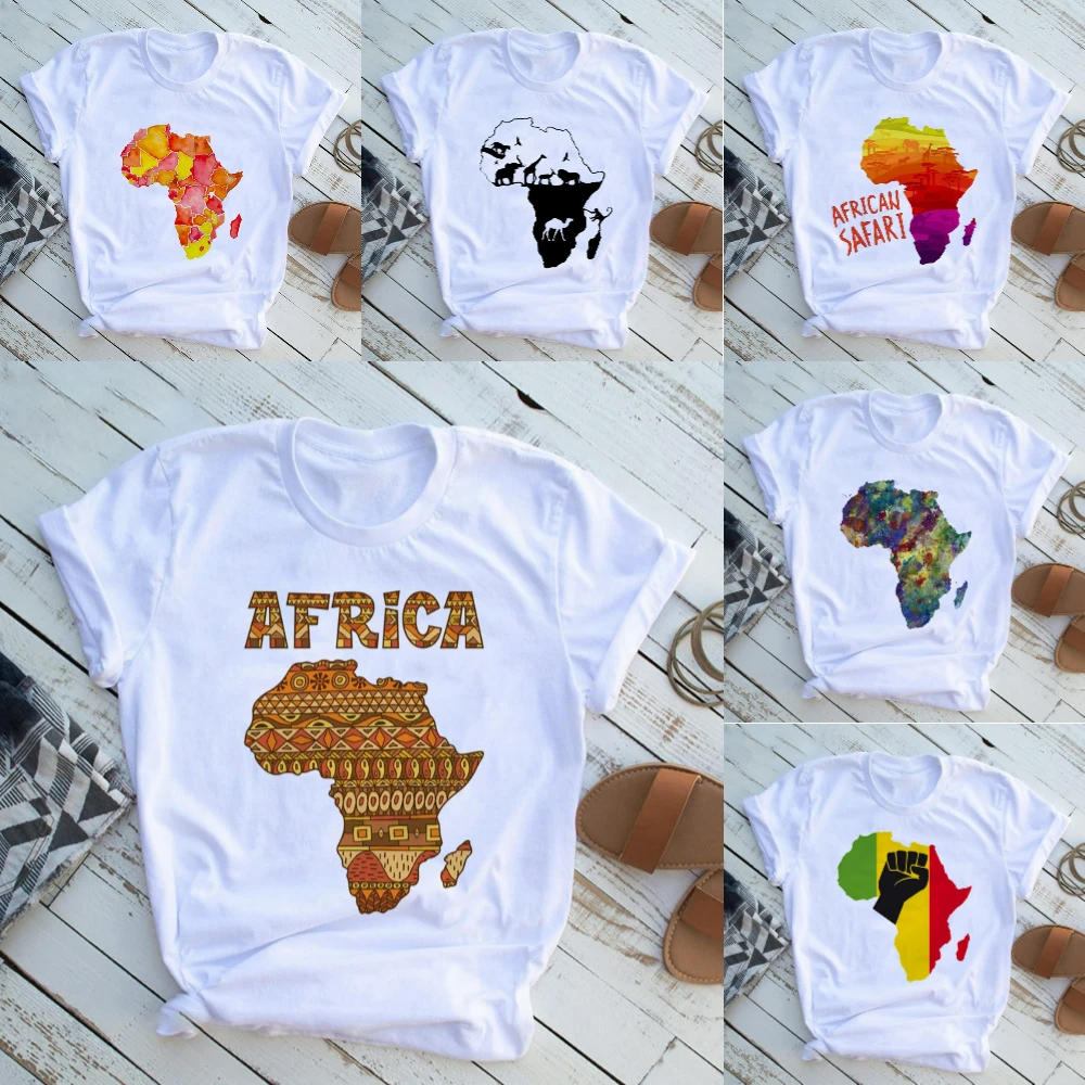 Africa Map Graphic Women T-shirts Harajuku Female Tops Tee Girl White Printed Clothes Casual T-shirt Travel Daily Streetwear