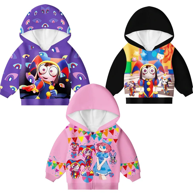 Zz04zz12Baby-sudaderas con capucha para niños, sudadera de circo Digital increíble para niños y niñas, disfraces de Cosplay de Pomni JAX, cremallera estampada para niños