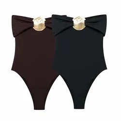 HH Women Vintage Solid Bodysuits Sequined Decoration Slim Jumpsuit Sexy Backless Strapless Top Lady Swimwear Bodysuit