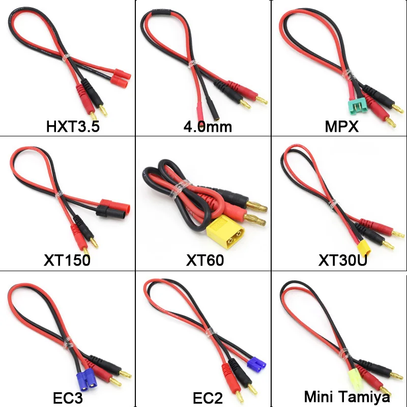 10PCS 4mm Banana Plug To XT90 XT60 AS150 EC5 TRX Tamiya Deans T Plug Charge Cable 12AWG 30cm For RC Lipo Battery IMAX B6 Charger