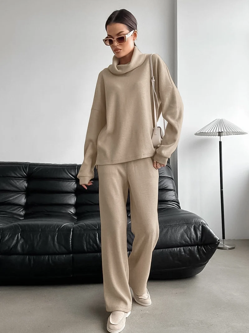 MSCSZ Women's Turtleneck Top And Pants Sets Fashion Casual Ribbed Knitted Suit Autumn Winter Warm Loungewear Women set