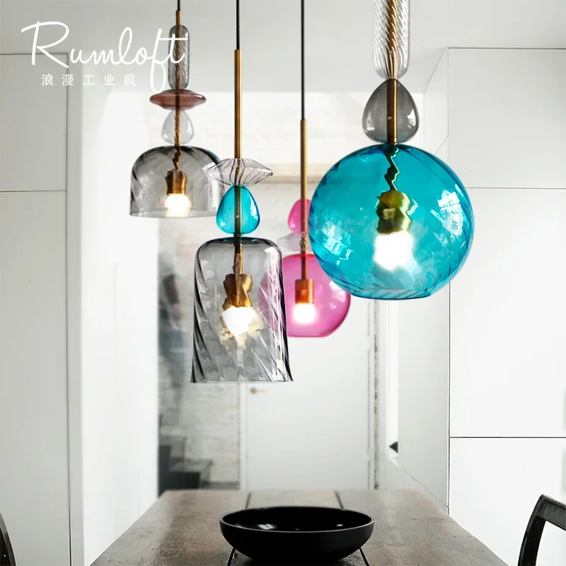 

Modern simple creative confectionery color glass chandelier restaurant living room bar bedroom light color single Chandelier