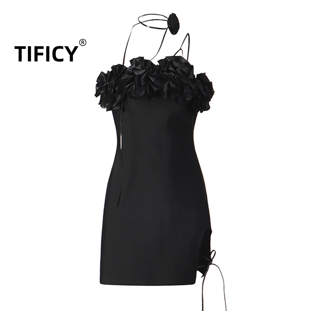 

High Street Dresses Three Dimensional Pleated Flower Hanging Neck Tie Hip Hugging Split Spring New Women's Party Dress