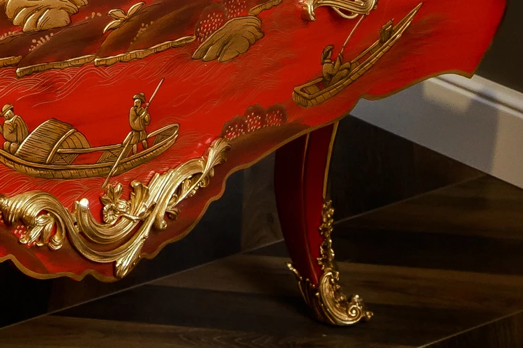 Lemari Kayu Dua Laci, Meja Samping Tempat Tidur, Finishing Tembaga Marmer Birch dan Kuningan