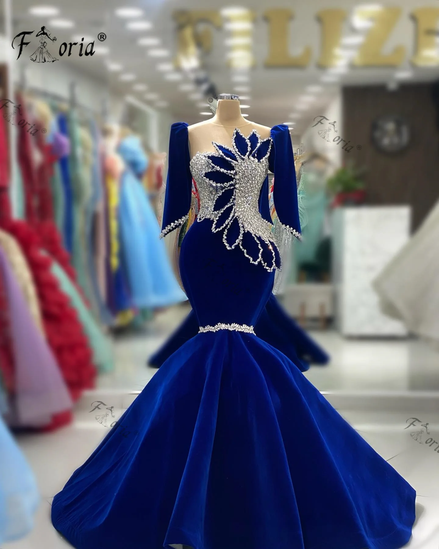 Velvet Mermaid Royal Blue Evening Dress 2024 Short Sleeve 3D Leaf Crystal Rhinestones Formal Occasion Gowns Elegant Wedding Gown