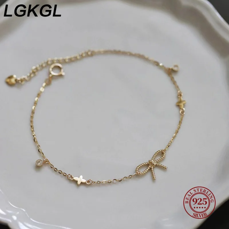 LGKGL 100% 925 sterling silver bow bracelet with 14K gold plated four-leaf clover thin cross simple new style