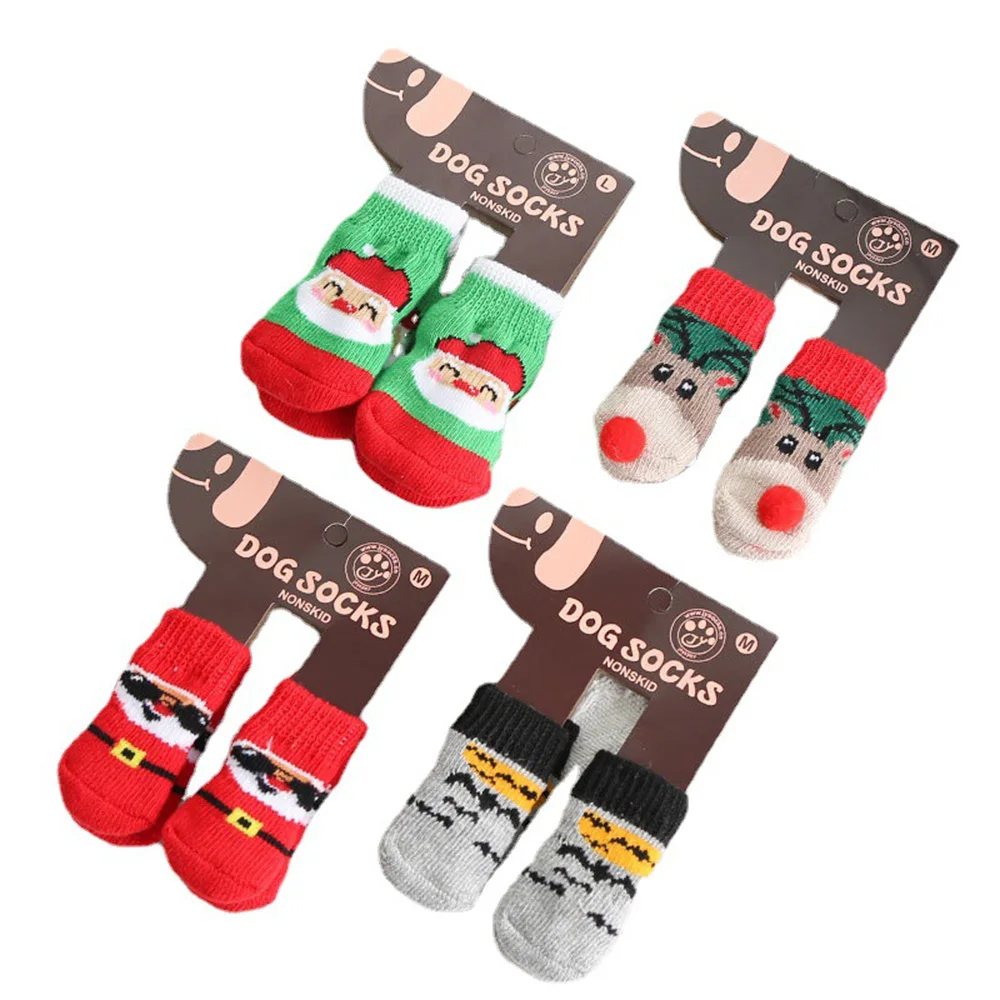 Hot Pet Foot Covers Non-Slip Pet Christmas Socks Dog Cat Small Anti Slip Shoes Cover Pet Socks Puppy Knitted Paw Protector 4PCS