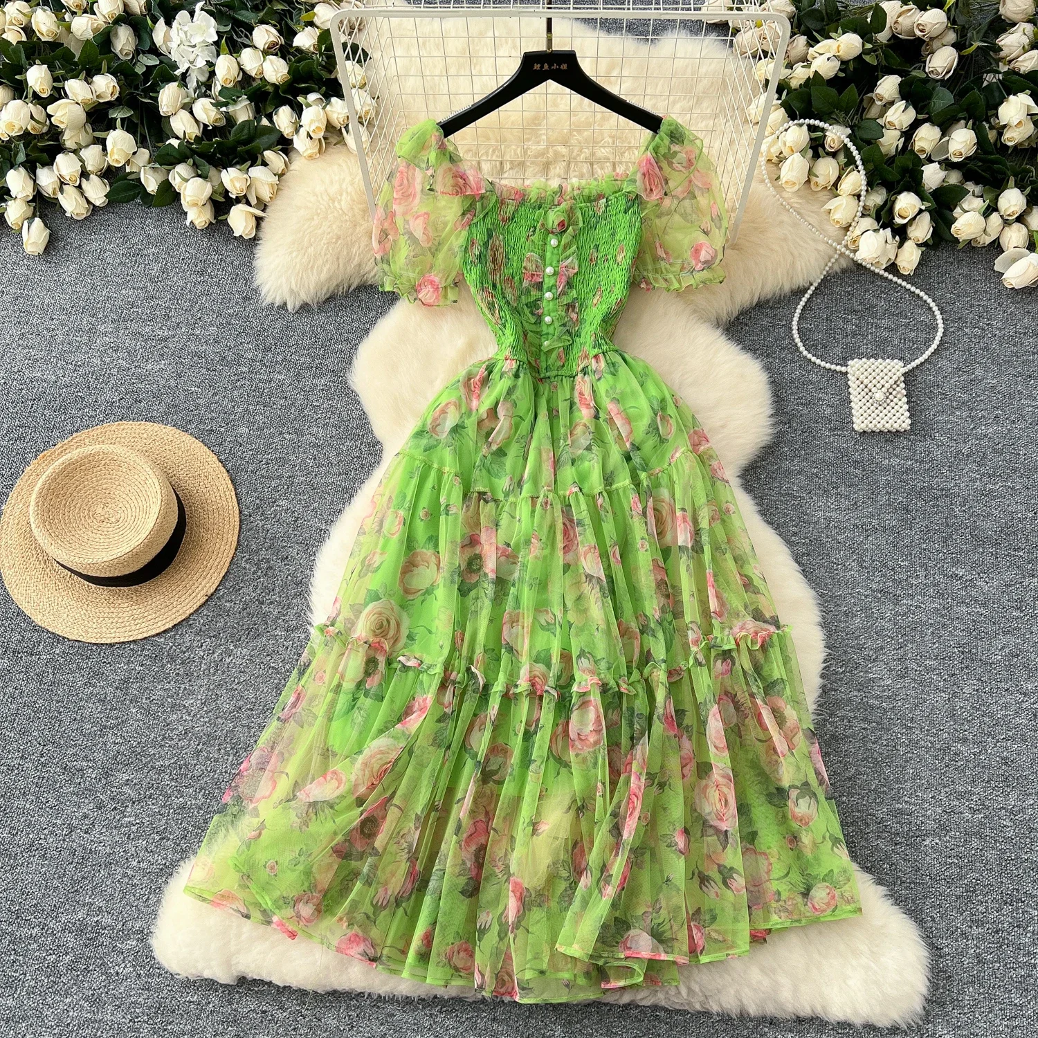 Elegant Slash Neck Vintage Short Puff Sleeve Chic Print Slim Chiffon Dresses French High Street Evening Autumn Mesh Clothing