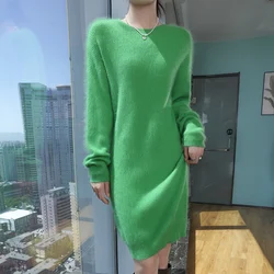 Новинка Осень-Зима 100% норковый кашемировый свитер женское вязаное длинное платье с круглым вырезом модное универсальное теплое романтичное платье