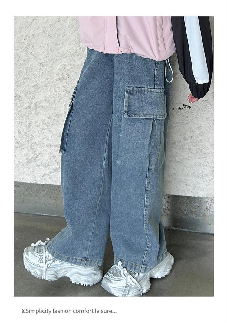 Kinder Retro Distressed Cargo Jeans mit Tasche für Mädchen, Modische Streetwear Denim Hosen, Teenager Kinder Baggy Cargo Jeans Hosen – Detail 9