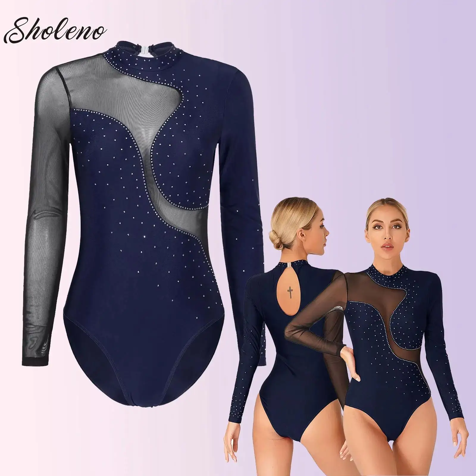 여성용 반짝이는 메쉬 발레 댄스 레오타드 피겨 스케이팅 체조 아크로바틱 바디수트 상의 무대 공연 훈련 댄스웨어