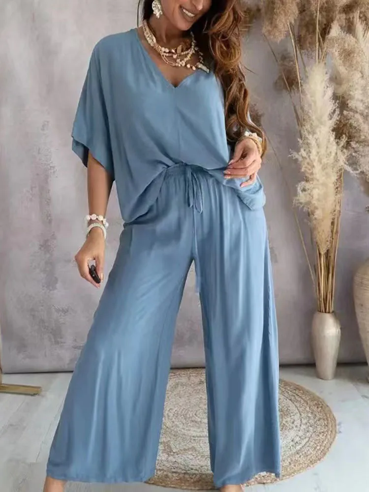 

2 Piece Sets Women Outfit Long Pant Loose Two Piece Set V Neck Bat Sleeve Casual Wide-leg Solid Color Outfits Two Peice Sets