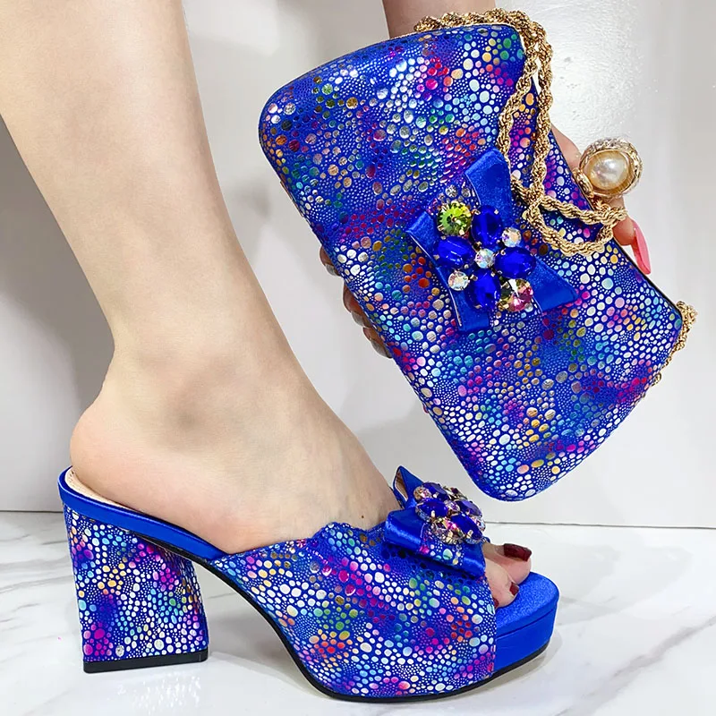 2024 New Fashionable Designed  Elegant Shoe Bag Bright BowTie African Women\'s Round Toe High Heels Shoes Wedding Party Banquet