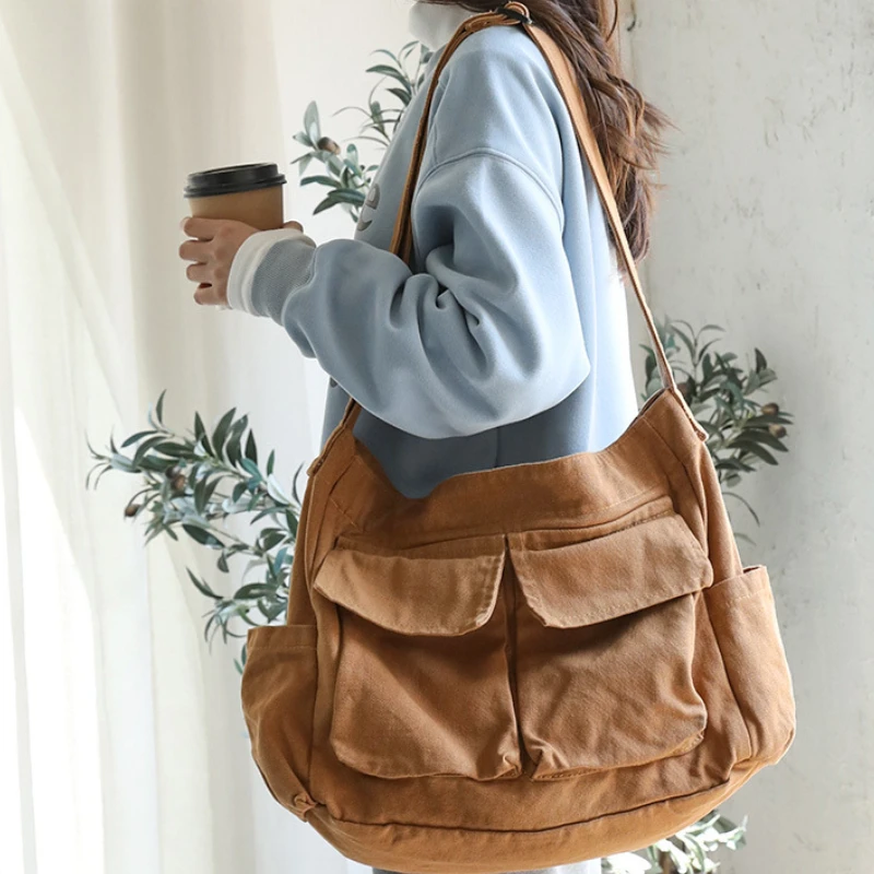 Japanese High-capacity Simple Shoulder Messenger Bags Casual Vintage Pocket Canvas Bag Grunge Y2k Women Solid Handbags Crossbody