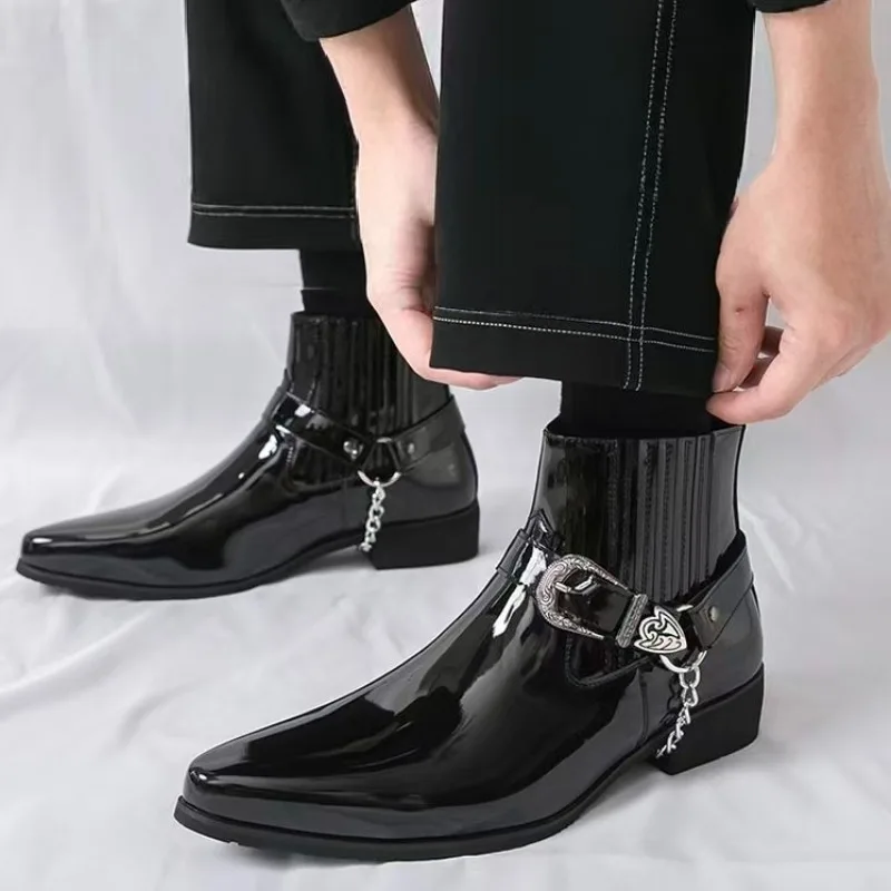 

2026 High-top Leather Boots Men's Thick-soled Pointed-toed Chelsea British Casual Trendy High Top Ankle Boots