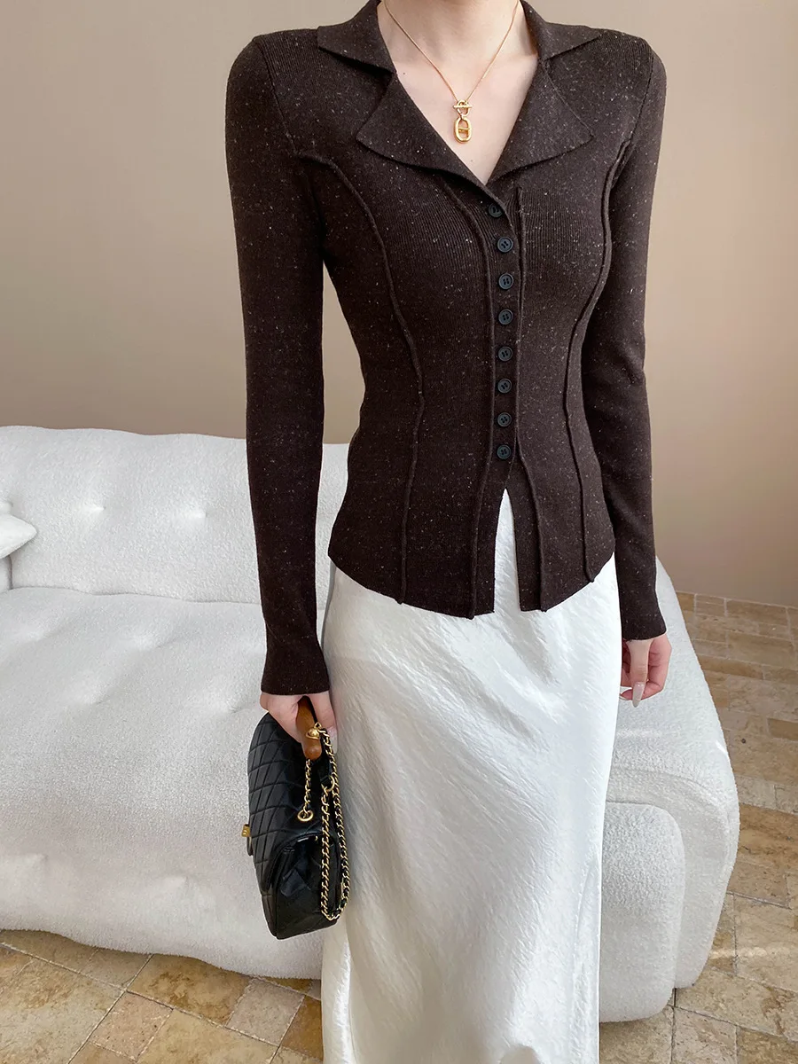 

Autumn and winter women's casual solid color lapel long sleeved slim fit cardigan sweater