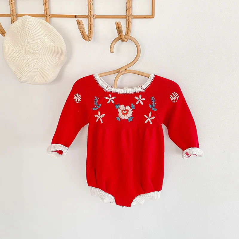 ins 2022 baby girl handmade embroidered sweater knitted woolen jumpsuit fart coat climbing winter clothes for baby girl