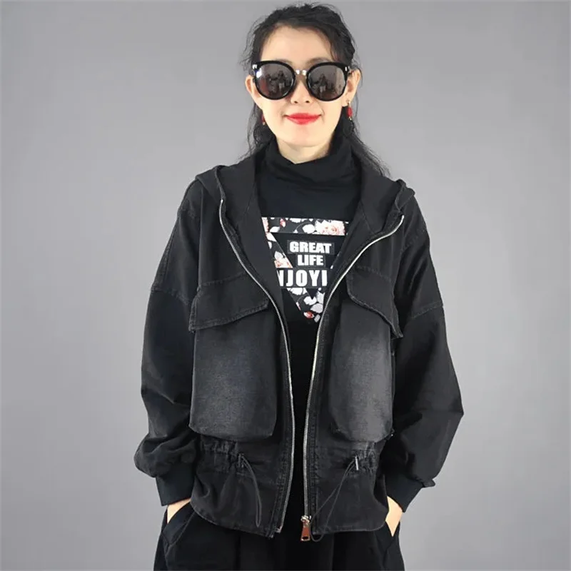 

Весенне-осенние женские джинсовые топы с рукавами «летучая мышь», пальто в Корейском стиле, женская новая свободная джинсовая куртка на молнии, женская модная ковбойская верхняя одежда с капюшоном