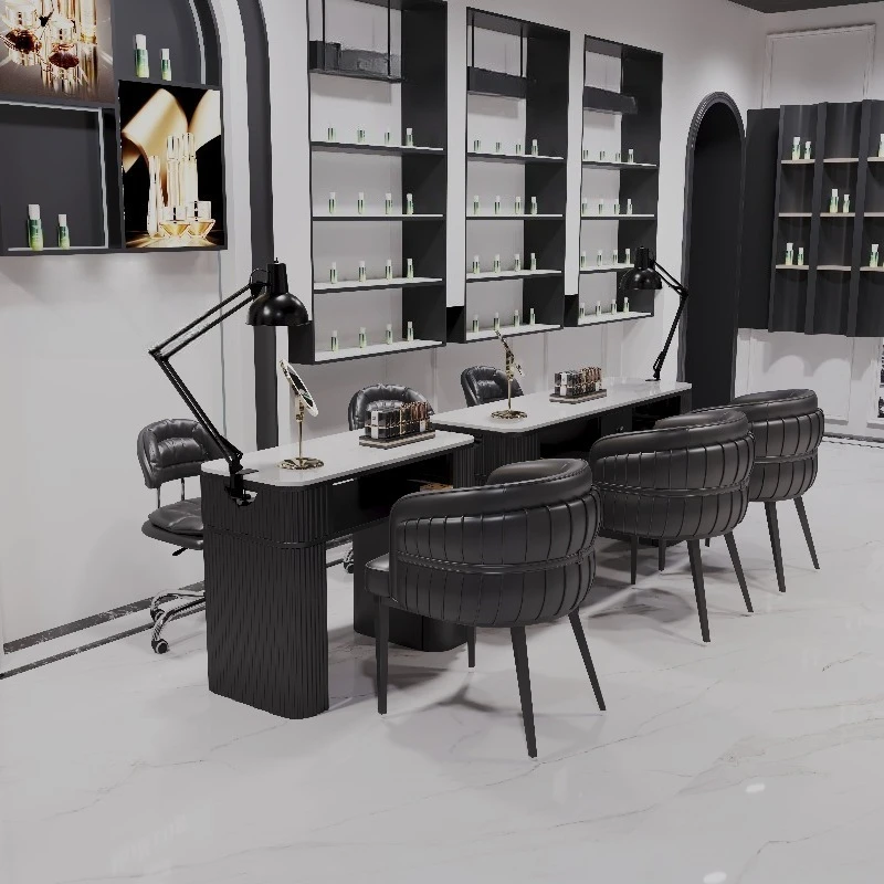 New Marble Surface Nail Art Table and Chair Set Black Fashion Internet Celebrity Nail Art Table
