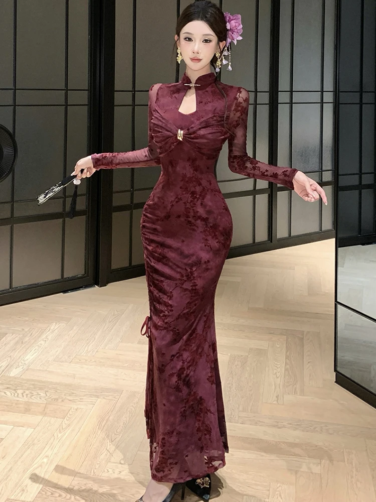 2025 purpld floral manga longa gola vestido longo feminino elegante chique arco fenda vestido outono inverno coreano bodycon vestido de baile