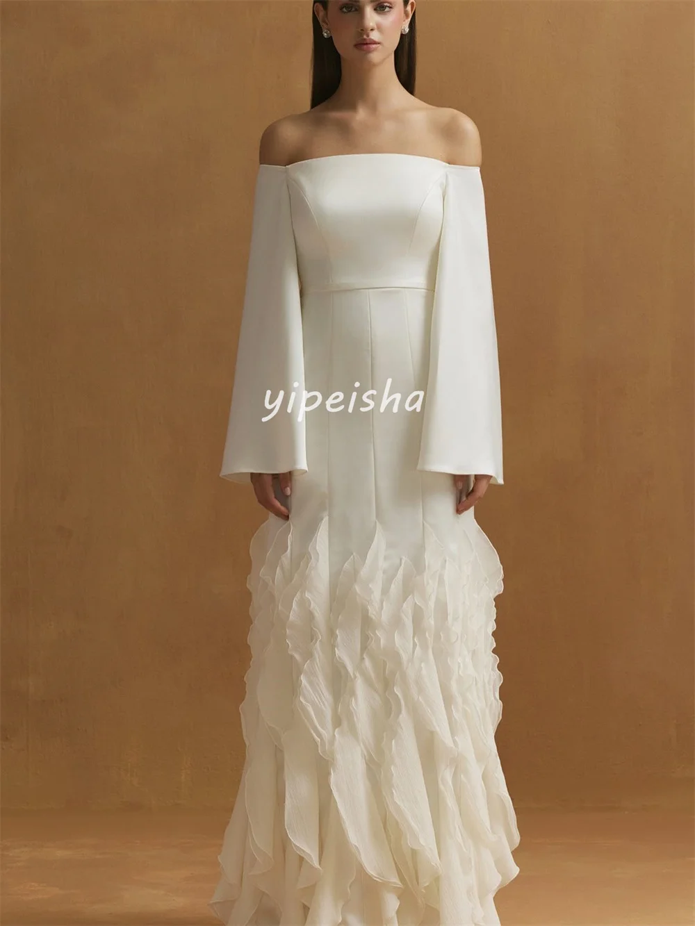 فساتين طويلة مخصصة متطابقة معقدة من الجيرسيه ذات ثنيات مكشكشة على شكل حرف a مكشوفة الكتف فساتين مناسبة مخصصة رائعة #2