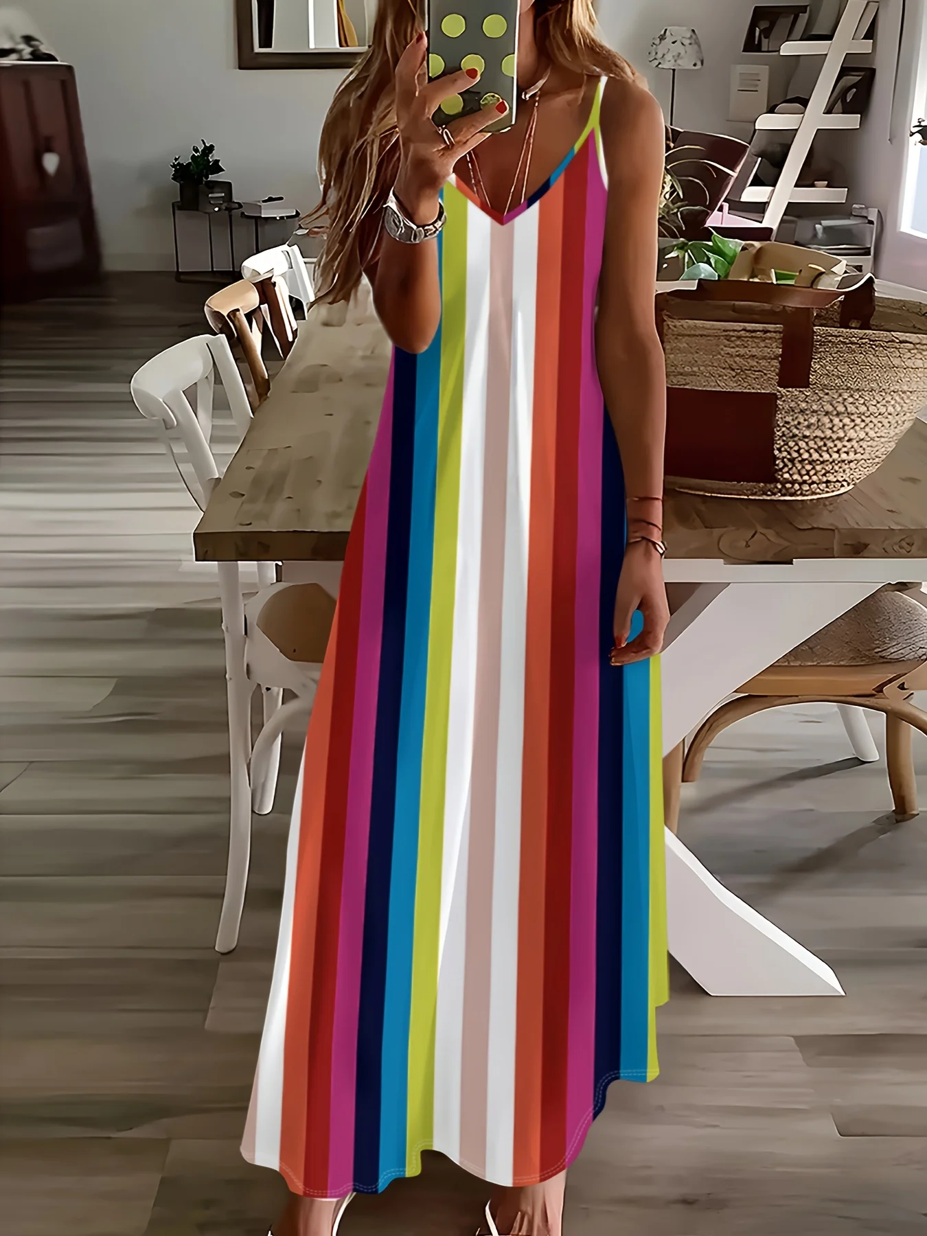 Printed Design Casual Statement Contrast Striped Full Print Slip Dress