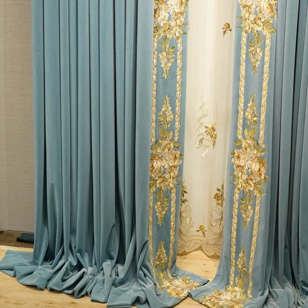 American Light Luxury Blue Embroidered Velvet Curtains For Living Room Bedroom Villa Customized Window Screen Products