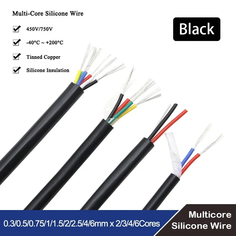 1-10M Black Flexible Silicone Wire Square 0.3/0.5/0.75/1/1.5/2/2.5/4/6 mm x 2/3/4/6 Cores Tinned Copper High Temperature Cable