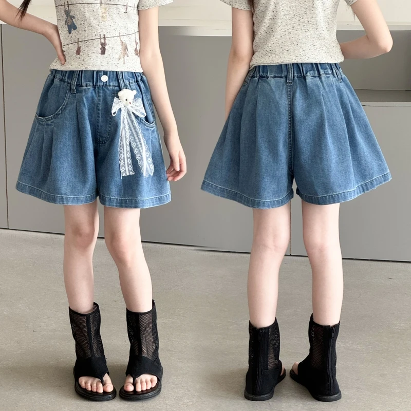 

Girl's Summer Denim Skort, Sweet Bear Lace Bow Decor, High Waist Pleated A-Line Shorts, Suitable for Ages 7-14, Kids Daily Wear