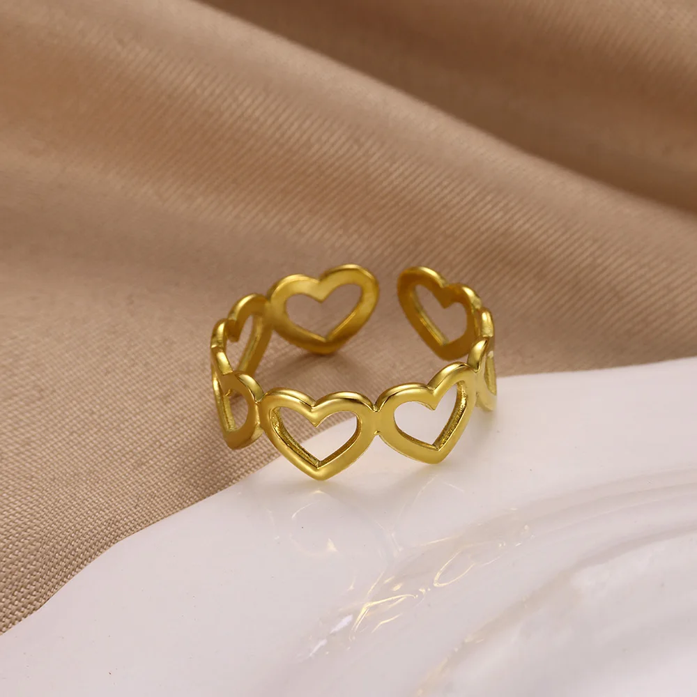 Romantic Heart Rings for Women Girls Gold Color Stainless Steel Ring Retro Opening Couple Band Aesthetic Wedding Jewelry anillos