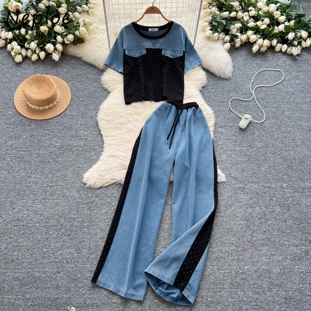 

Neploe Vintage Half Sleeve Patchwork Casual Set T-shirt High Waist Denim Wid Leg Pants Moda Summer Suits Hong Kong Style Trouser