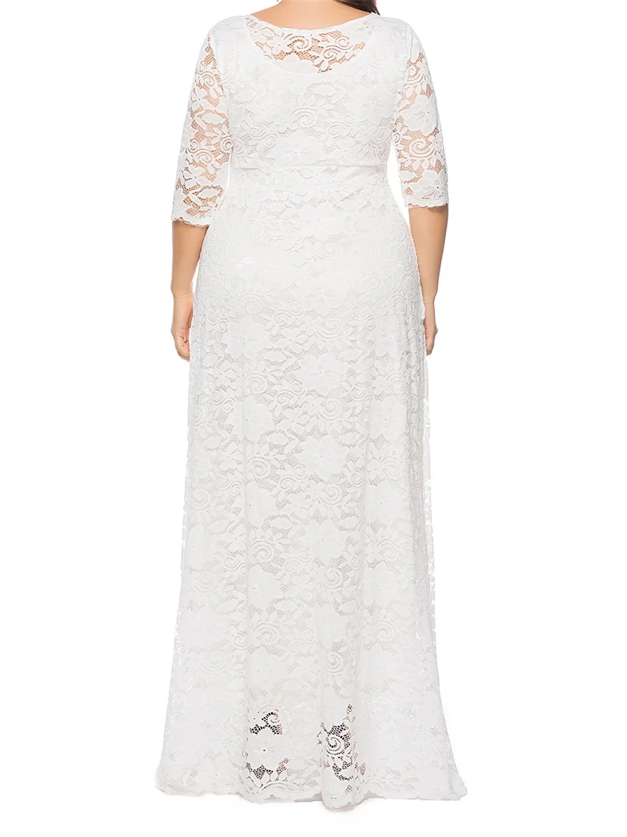 Vestido largo de encaje floral para mujer, media manga, cuello redondo, talla grande, fiesta de noche en la playa, vestido fluido