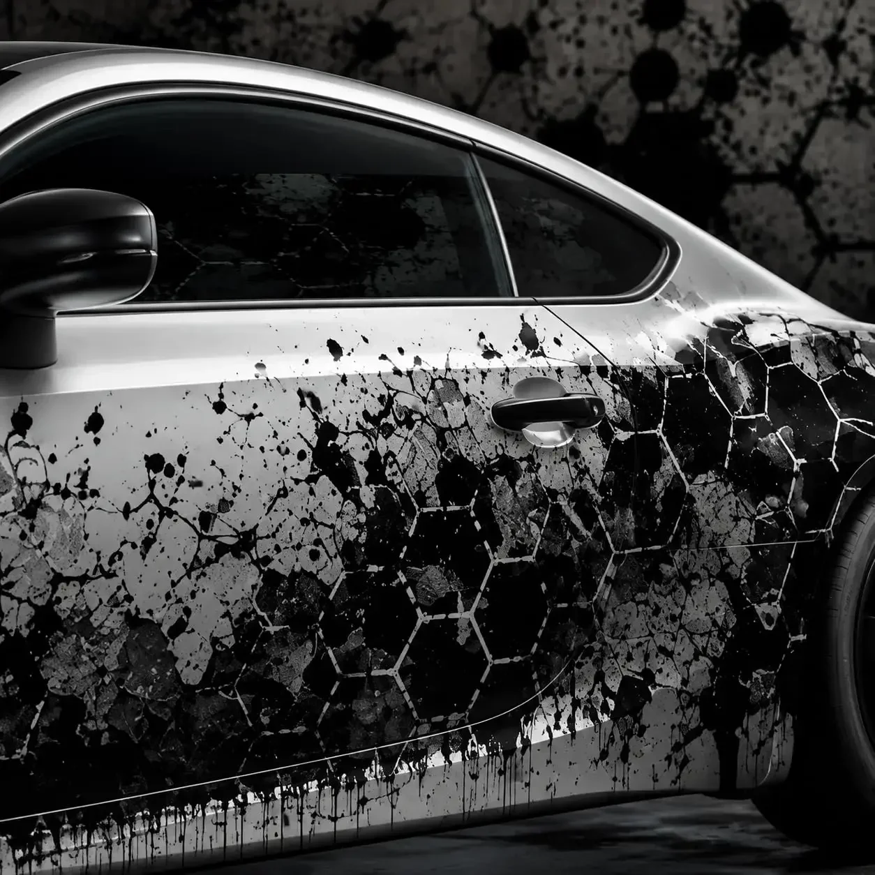 Grunge Hexagon Car Side Vinyl Wrap Decal, Black & White
