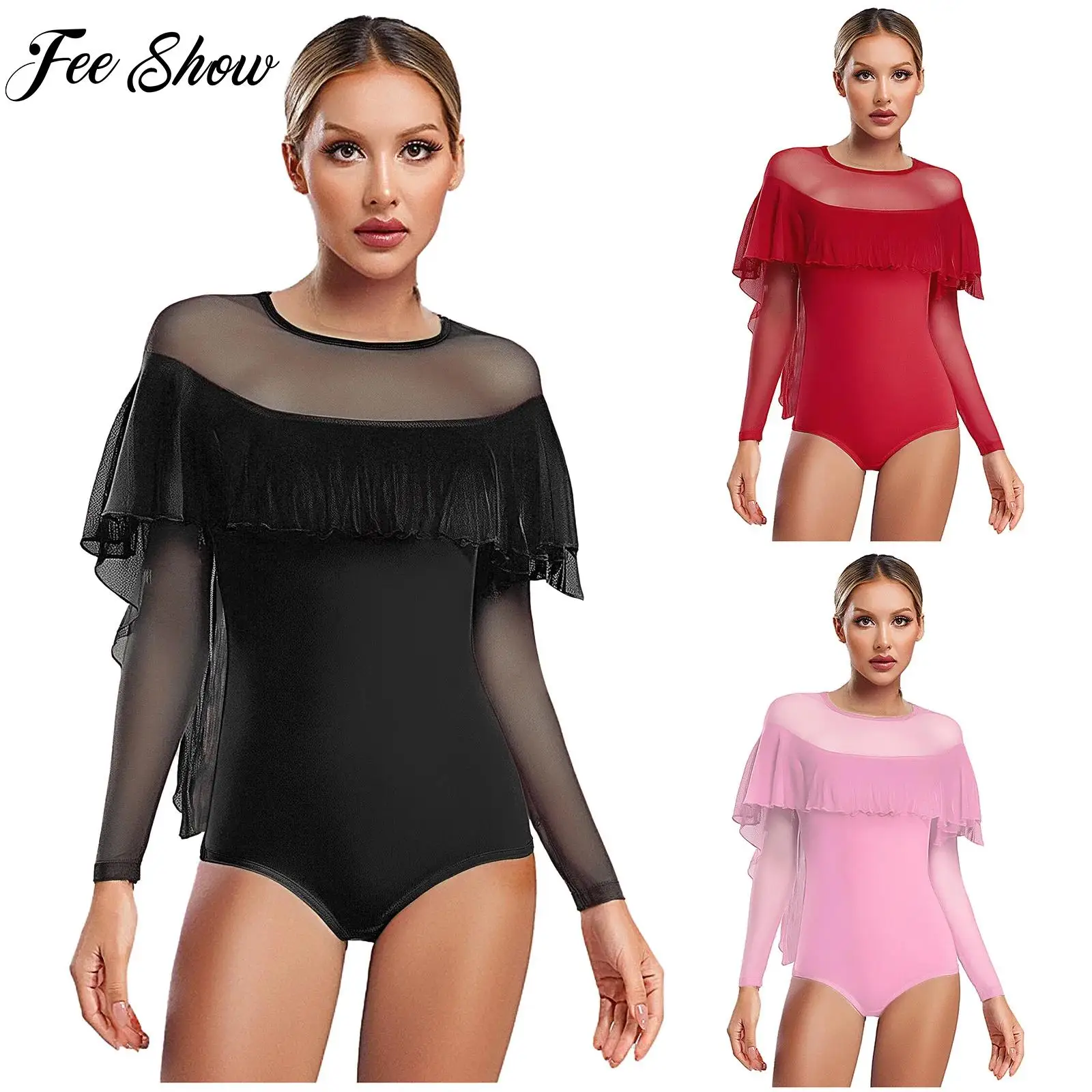 

Women Ballet Lyrical Modern Dance Leotard Jumpsuit Padded Long Sleeve Ruffled Overlay Mesh Spliced Bodysuit Performance Costume