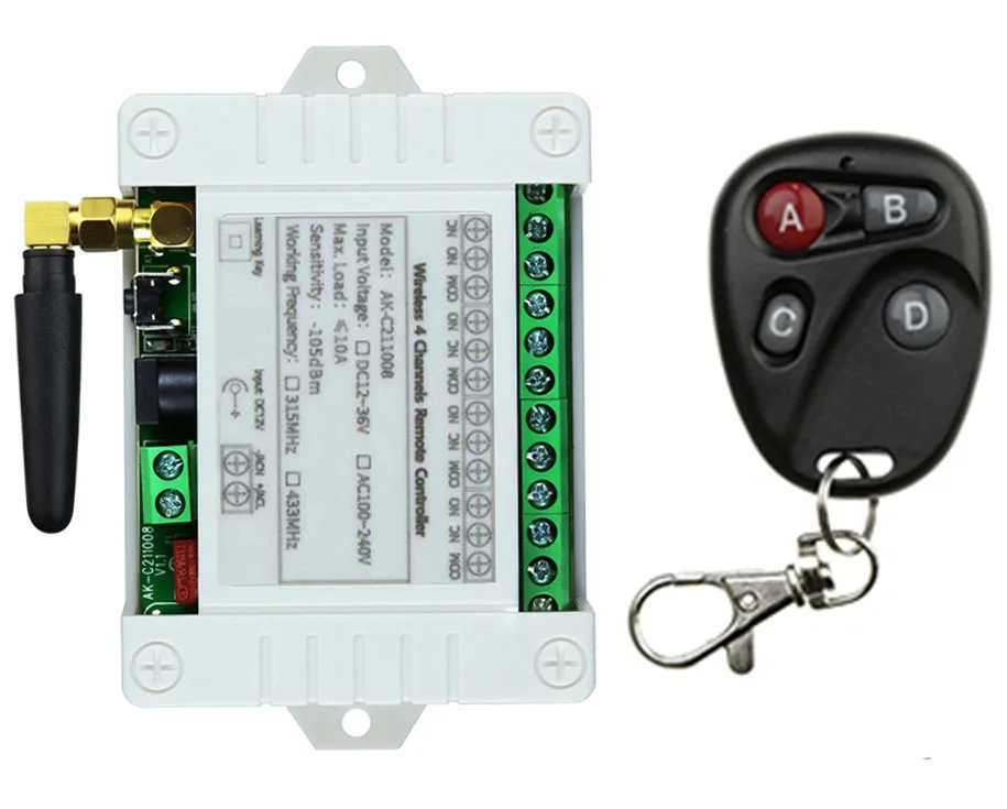 DC 12V 24V 36V 4CH interruptor de luz de Control remoto inalámbrico RF 10A salida de relé módulo receptor de Radio controlador de interruptor puertas de garaje