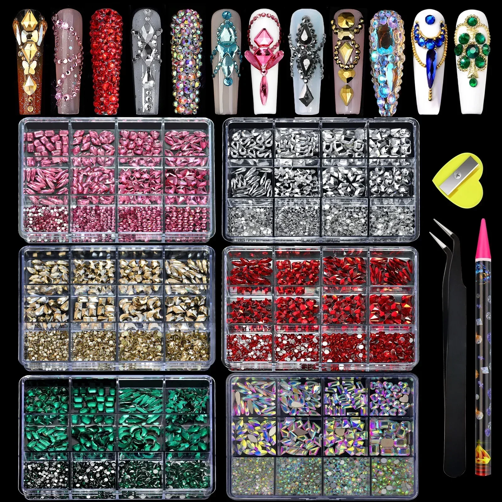 12 siatek płaskie dno dżetów do paznokci mieszany kształt szklany kryształ Nail Art Luxe Charms Kit DIY akcesoria do dekoracji paznokci