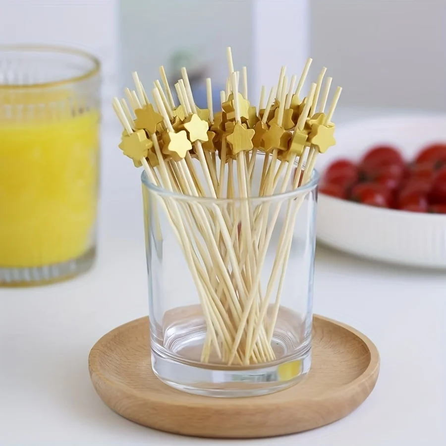 Brochettes en bambou étoile dorée, 100 pièces, signe de fruits de fête, panneau Sandwich jetable, décoration de fête d'anniversaire, fournitures de Festival
