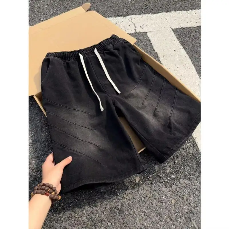 

Retro Blue Pleated Denim Shorts Men Handsome Summer Design American Vibe Straight Leg Five-Quarter Pants Casual High Waist Po...