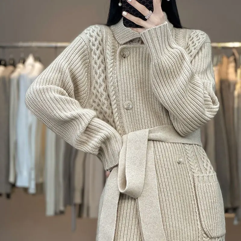 Fashion Solid Color Midi Knitted Cardigan Korean Lapel Women\'s Clothing Pockets Spliced Autumn Winter Drawstring Sashes Sweaters